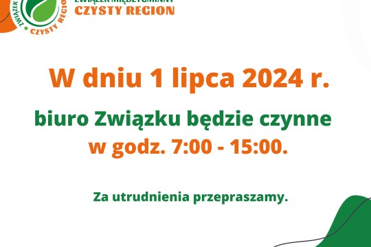 Zmiana godzin pracy biura Związku w dniu 1 lipca 2024 r.